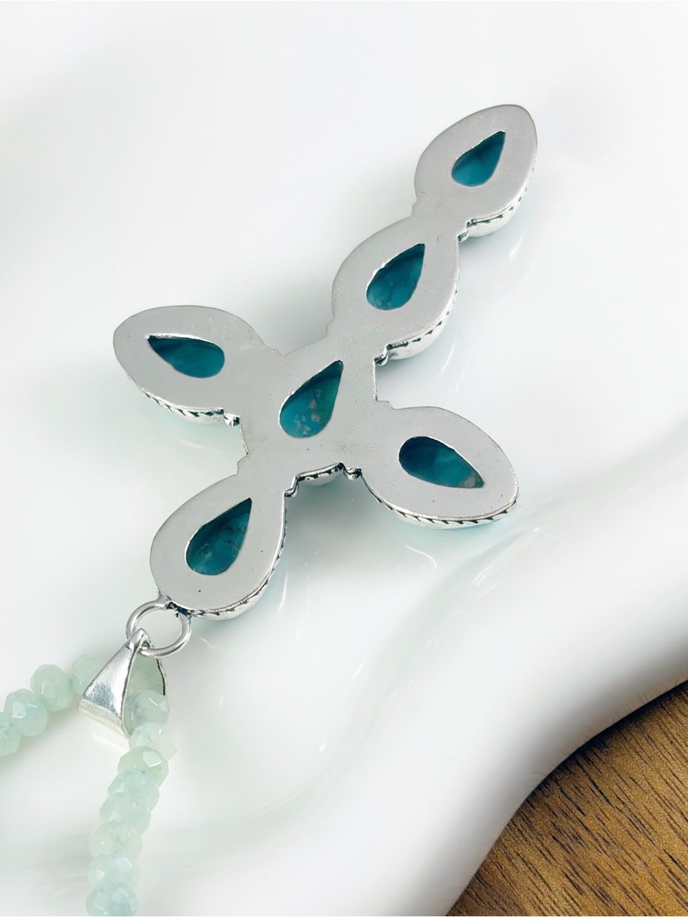 XL Mohave Turquoise Cross Pendant Jade Necklace Sterling Silver 925 Overlay New - Picture 10 of 12